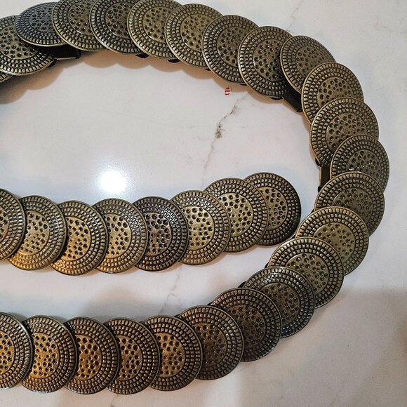 Vintage Brass Coin Stretch Belt Black Elastic Strap & Snap Closure 32 to 40" - Picture 3 of 9